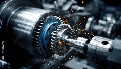 Close-up of industrial machine in process of cutting and shaping metal parts, with sparks