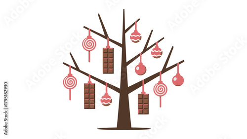 Delicious Tree Decoration: A whimsical illustrated tree adorned with delectable chocolates, candies and festive ornaments. A sweet concept of indulgence and visual treat.