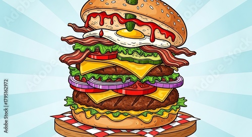 Giant Stacked Burger with Bacon, Egg, Cheese, and Vegetables on a Striped Background.