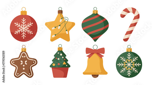 Festive Ornaments: A charming array of holiday ornaments, including star, bells, Christmas tree, and candy cane, evoke the joyful anticipation of the winter holidays.