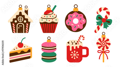 Festive Delights: An array of delightful treats, from a gingerbread house to a lollipop, adorning a scene, offering a taste of festive spirit and sweet joy.