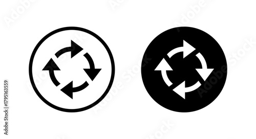 Cycle arrow icon in black circle. Circular rotation and repeat arrows symbol