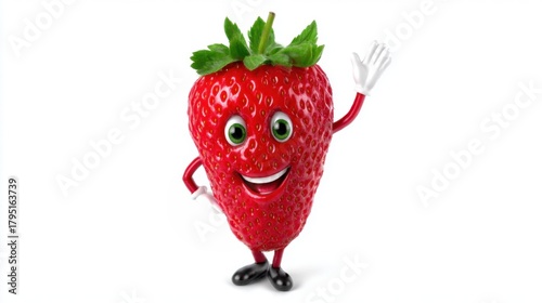 A cute red strawberry with arms, legs, and a wide smile. A bright and realistic mascot for stores, yogurt stands, or food packaging.