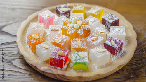 A vibrant combination consisting of Turkish delight, with colorful candies in the middle, surrounded by white chunks, dotted with almonds, placed on a wooden plate, illuminated by natural light with s