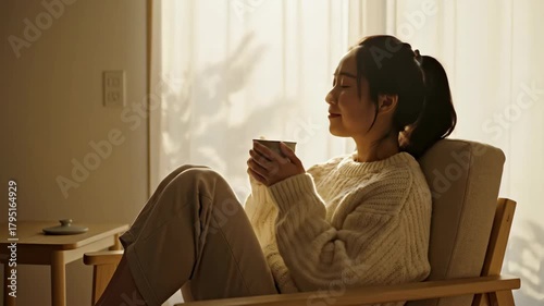 Serene Young Woman Enjoys Warm Beverage in Cozy Sunlit Room Reflecting Calmness and Comfort.