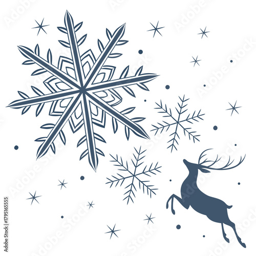 Elegant dark blue snowflake and leaping reindeer silhouette design for winter holidays and christmas