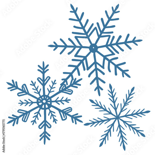 Three stylized blue snowflakes with intricate crystalline patterns on a white background