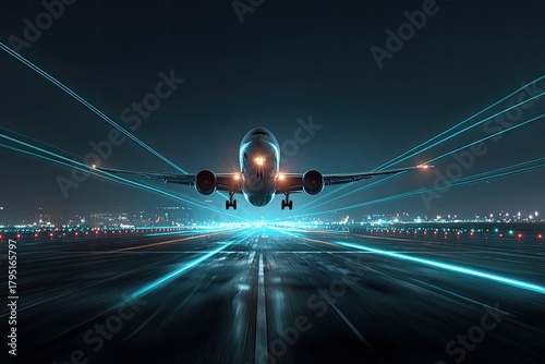 A passenger jet takes off at night, surrounded by bright blue streaks of light