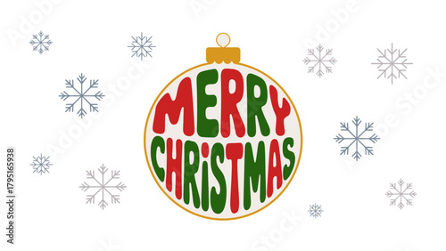 Festive Christmas Ornament: A decorative ornament, adorned with the heartwarming message Merry Christmas, hangs gracefully amidst a scattering of delicate snowflakes.