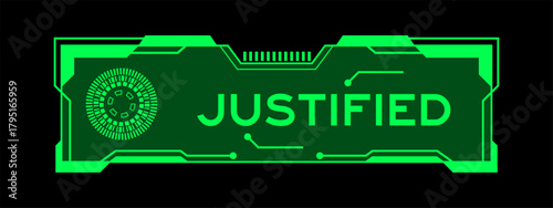 Foto Green color of futuristic hud banner that have word justified on user interface