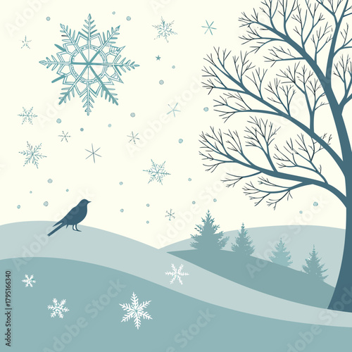 A lone bird stands on a snowy hill under a large snowflake and bare tree branches
