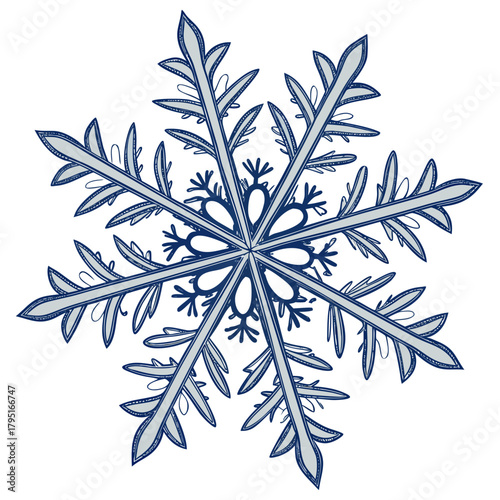 Intricate blue and gray snowflake illustration with detailed crystalline structure on a white background