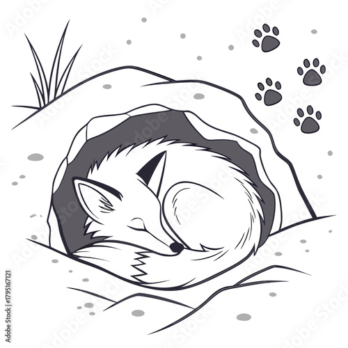 Cute cartoon fox curled up sleeping peacefully inside a cozy den with paw prints above
