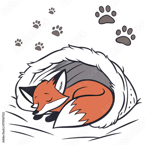 Cute cartoon fox curled up sleeping soundly in a cozy den surrounded by playful paw prints