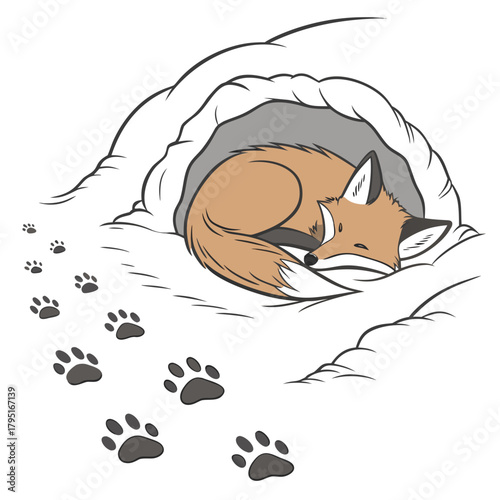 Cute cartoon fox sleeping peacefully in its cozy den with paw prints leading to its warm shelter