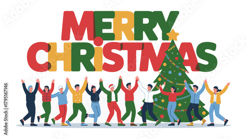 Festive Christmas Harmony: A cheerful gathering of diverse individuals celebrates the holiday season with a joyous embrace, surrounded by a decorated Christmas tree and vibrant lettering.