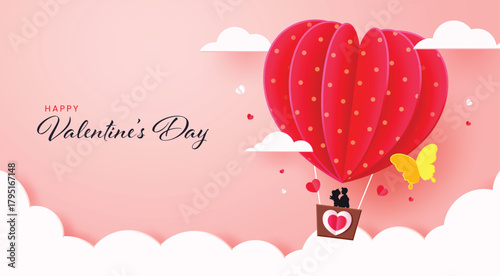 "Happy Valentine's Day" background featuring a couple in a heart-shaped hot air balloon floating among clouds.