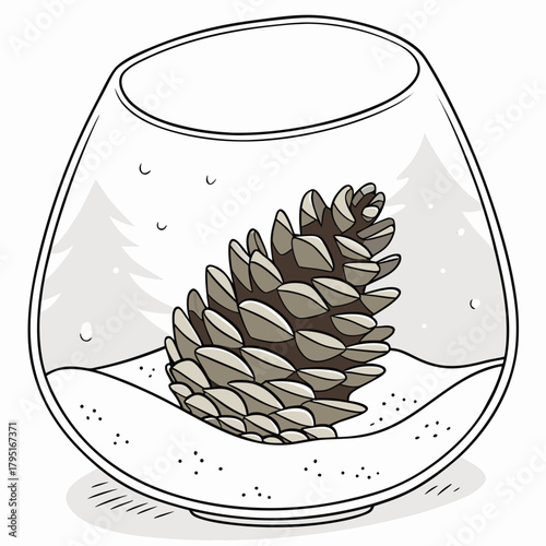 A single pine cone rests in a glass terrarium filled with snow and stylized winter trees