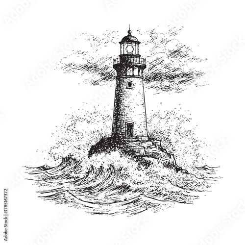 Dramatic lighthouse on rocky island with crashing waves