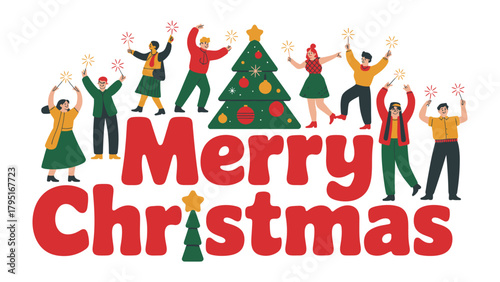 Merry Christmas: A festive holiday illustration featuring a vibrant Christmas tree and joyful people celebrating the holiday spirit with ornaments. 