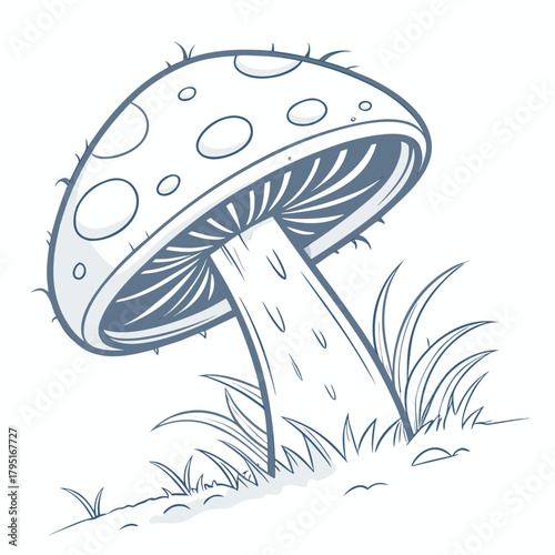 Whimsical cartoon mushroom with spots and spiky cap edge growing in grass