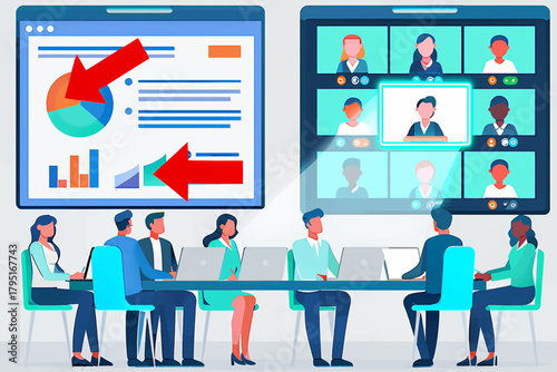 Diverse team collaborates on business strategy during virtual meeting with data analytics presentation