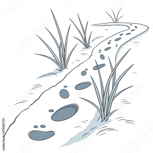 A winding path with footprints and grass leading into the distance on a white background