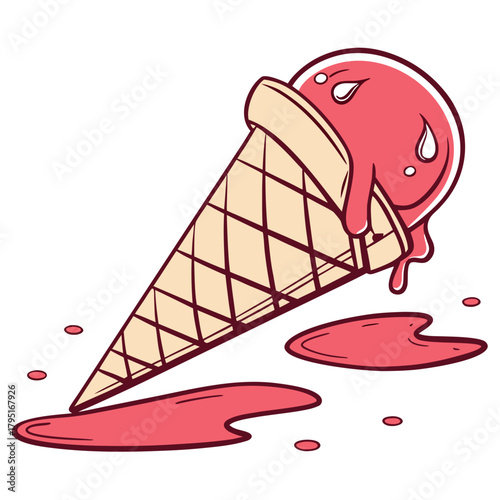 A melting pink ice cream cone tipped over on a white background with drips and puddles