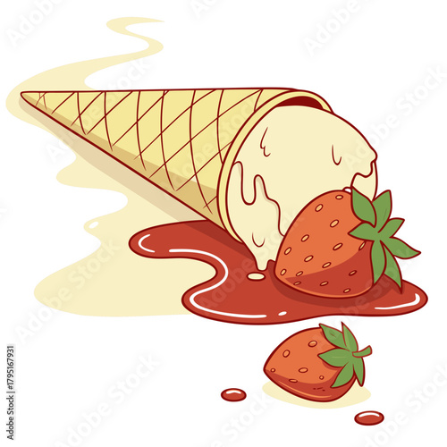 A delicious vanilla ice cream cone has fallen over with strawberries and strawberry syrup on a white background
