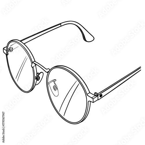 Minimalist line art illustration of round metal framed eyeglasses with clear lenses on a white background