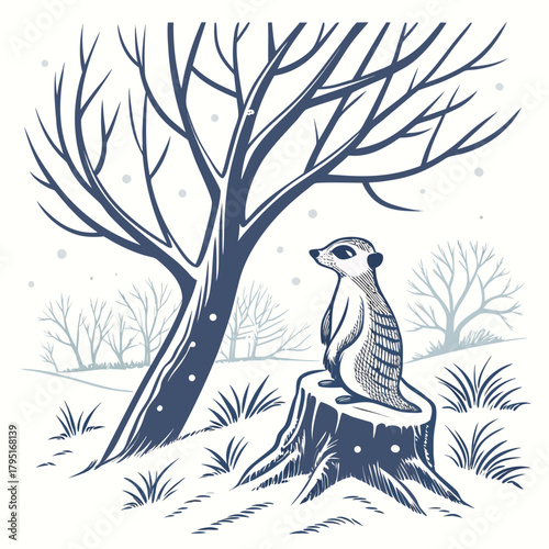 A solitary meerkat sits on a tree stump in a snowy landscape with bare trees