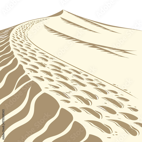 Footprints trail across a vast sand dune under a clear sky in a minimalist desert landscape