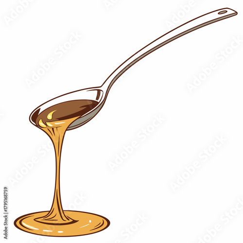 Illustration of a metal spoon with golden honey dripping and pooling on a white background