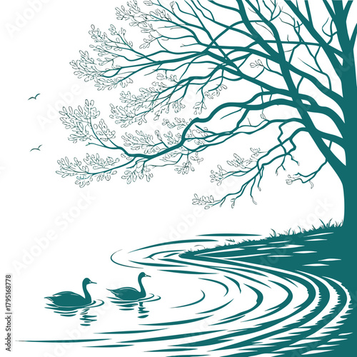 Two elegant swans glide peacefully on a rippling lake beneath a large tree with delicate branches and leaves