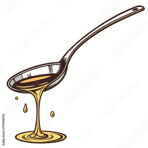 A metal spoon holding viscous golden liquid with droplets falling onto a pool below