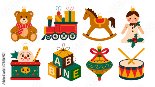 Joyful Toy Collection: An assortment of classic toys, meticulously arranged against a clear backdrop, sparks nostalgia and wonder with a medley of beloved childhood treasures.