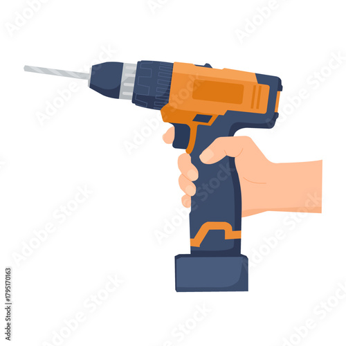 Electric screwdriver or drill in hand. Home renovation equipment. Tool for construction, repair service