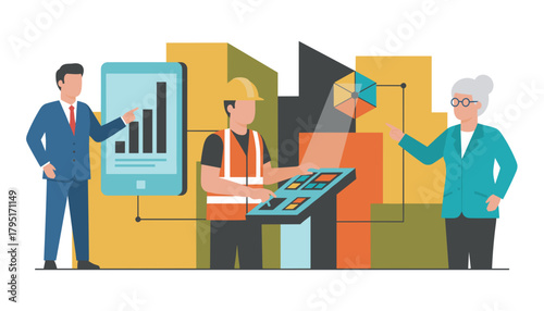 Diverse team analyzing performance data and controlling industrial operations using modern technology