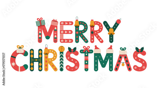 Festive Christmas Wishes: A cheerful arrangement of decorative letters spells out MERRY CHRISTMAS, each adorned with festive ornaments and seasonal details, conveying holiday cheer.