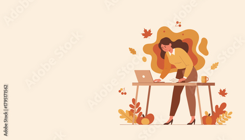 Busy woman stressed working on laptop during autumn season Fall deadline concept