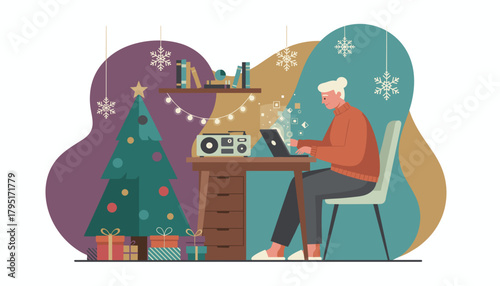 Working remotely during winter holidays Person using laptop near a festive Christmas tree