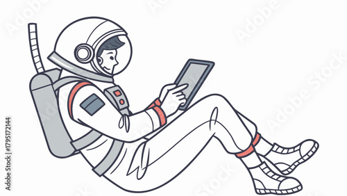 Line art illustration of an astronaut floating in zero gravity, pointing at a digital tablet to signal or navigate in space