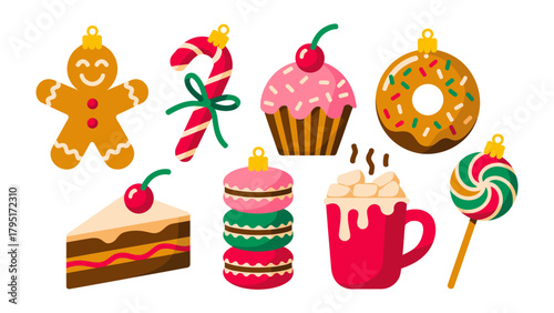 Festive Treats Collection: A cheerful assortment of delectable holiday sweets, including a gingerbread man, candy cane, cupcake, doughnut, cake, macarons, hot chocolate and a lollipop.