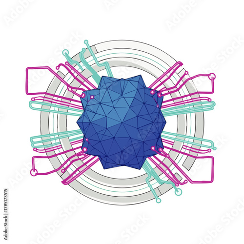 Abstract digital network connection with a central geometric core and radiating circuits, symbolizing data flow and technological innovation.