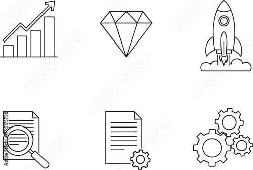 Business growth and quality icons, rising graph, diamond, startup rocket, document review, management process gears, minimal outline vector illustration
