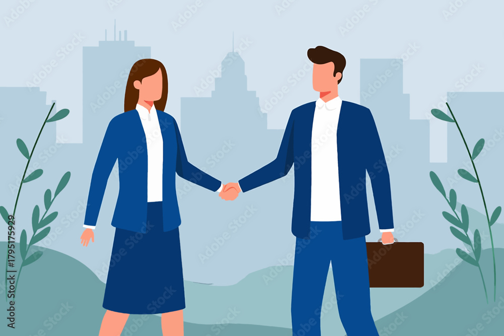 Fototapeta premium Business professionals in suits shaking hands in front of a city skyline and greenery