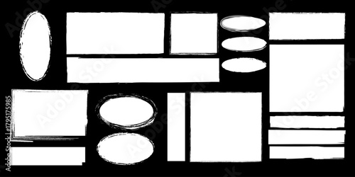 Brush frame rough rectangle box shape set. Text box frame rough grunge square, oval paint shape element. Hand drawn texture grunge brush rectangle, circle round text border. Vector illustration