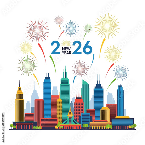 New Year 2026 Celebration in the City with Fireworks