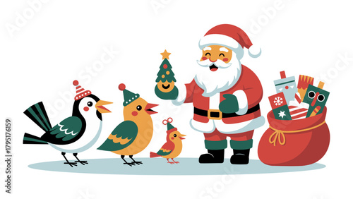 Tableau sur toile Festive Santa Claus and chirping bird at Christmas : Santa Claus and a group of happy birds, bringing the joy of Christmas