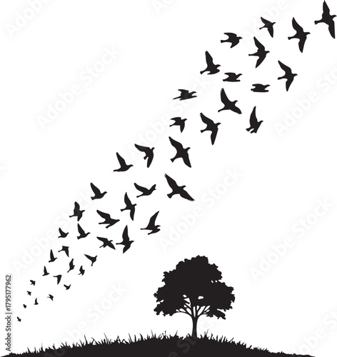 Flock of Birds Flying in Diagonal Formation Above Lone Tree and Grass Silhouette